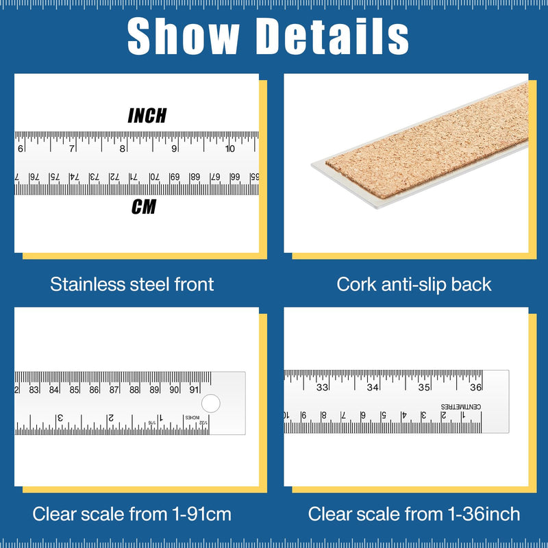 2 Pieces 36 Inch Metal Yard Stick Non-slip Ruler with Cork Backing Stainless Steel Metal Ruler Large Edge Rulers Yard Stick with Inch and Centimeters Drafting Office Tool Prevent Ink Leakage