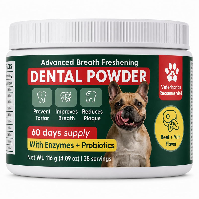 Dog Dental Powder, Plaque and Tartar Remover for Dogs, Bad Breath Freshener Treatment, Natural Tooth Cleaning Powder for Dogs, 4.09oz Beef Mint