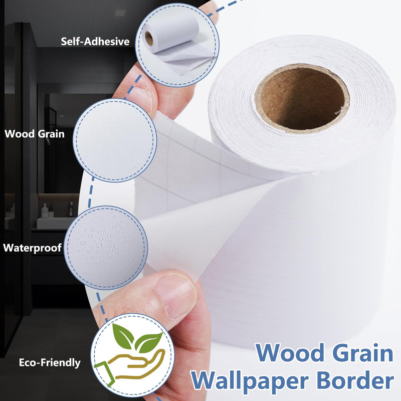 WADILE 32.8ft White Wood Grain Wallpaper Border Mirror Frame Removable Waterproof, Peel and Stick Wall Paper Border Decor Self Adhesive, Kitchen Bathroom Sticker White-32.6 ft
