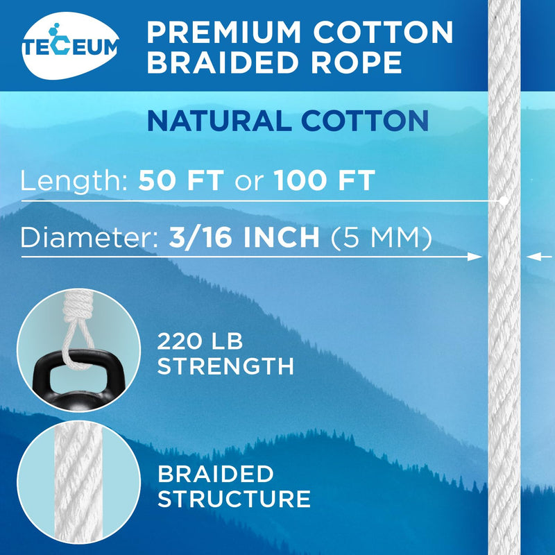 TECEUM Cotton Rope 3/16” (5 mm) – 100 FT – Strong All-Purpose Braided Rope – Natural Cotton – for Crafting, Сamping, Clothes Line, DIY, Indoor & Outdoor Use – White 100 feet