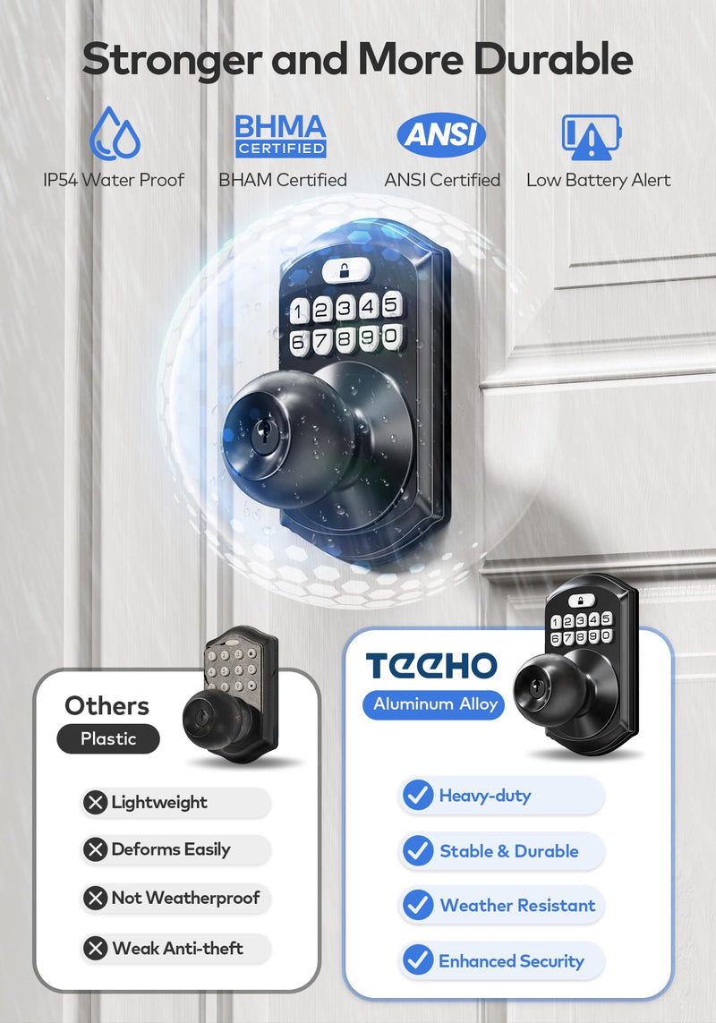 TEEHO TE003 Keyless Entry Keypad Door Lock with Handle, Electronic Digital Smart Locks for Front Door, Smart Door Knob with Code for Bedroom with Interior Locks, Auto Lock, Passage Mode, Matte Black