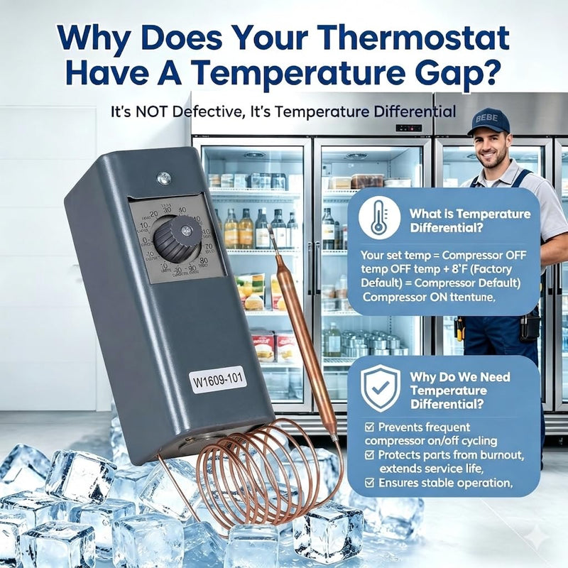W1609-101 Refrigeration Thermostat Temperature Controller Remote Control Bulb TH-1609, 5FT Capillary Length, -30 to +90 Degrees Fahrenheit, -34 to +32 Degrees Celsius, °C and °F Dual Temperature dial