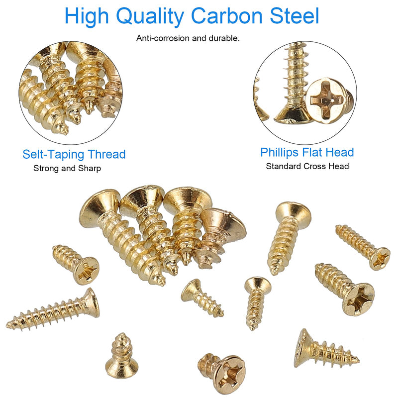 1200Pcs Tiny Phillips Flat Head Self Tapping Screws for Wood, Plastic and Soft Metal. M2 M2.5 M3 Small Countersunk Tapper Screws Set for DIY Micro Woodworking Furniture Box. Golden,Carbon Steel