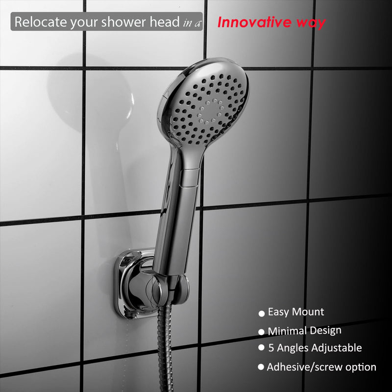 Hand held Shower Head Holder - 5 Angles Adjustable - Slide to Fit - Adhesive Screw Options for Multiple Surfaces - Minimal Shower Wand Holder (Chrome) Chrome
