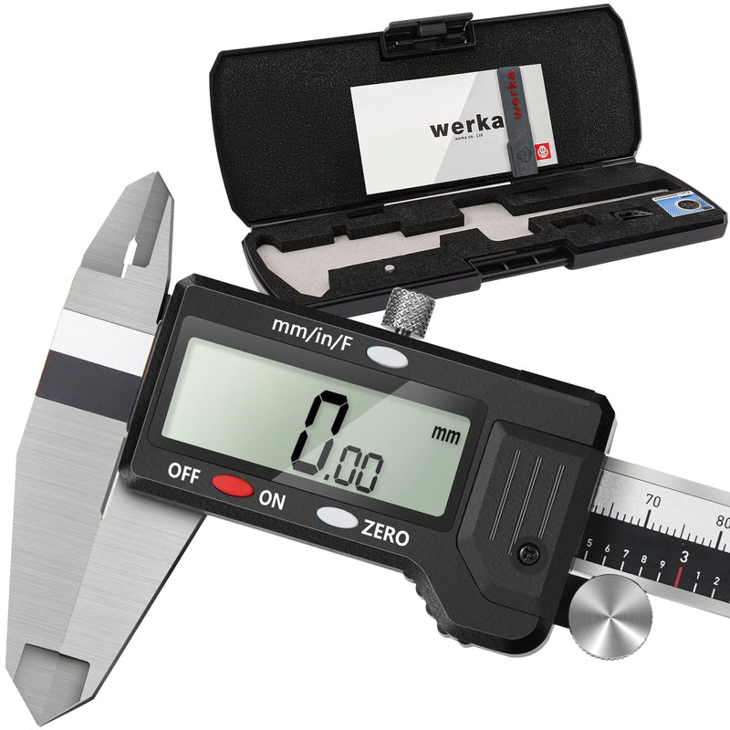 werka Digital Caliper, 0-6” Calipers Measuring Tool, Micrometer Caliper with 0.001”High-Accuracy,Inch/Fraction/Millimeter Conversions Button,4 Measuring Ways, Stainless Steel Construction 6000150