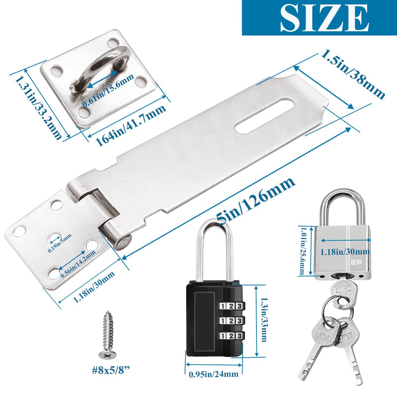 5 Inch Door Locks Hasp Latch 2 Pack,304 Stainless Steel Safety Padlock Clasp Hasp Lock Latch with Combo Lock & Padlock,Heavy Duty Gate Latch Lock with Screws 5inch
