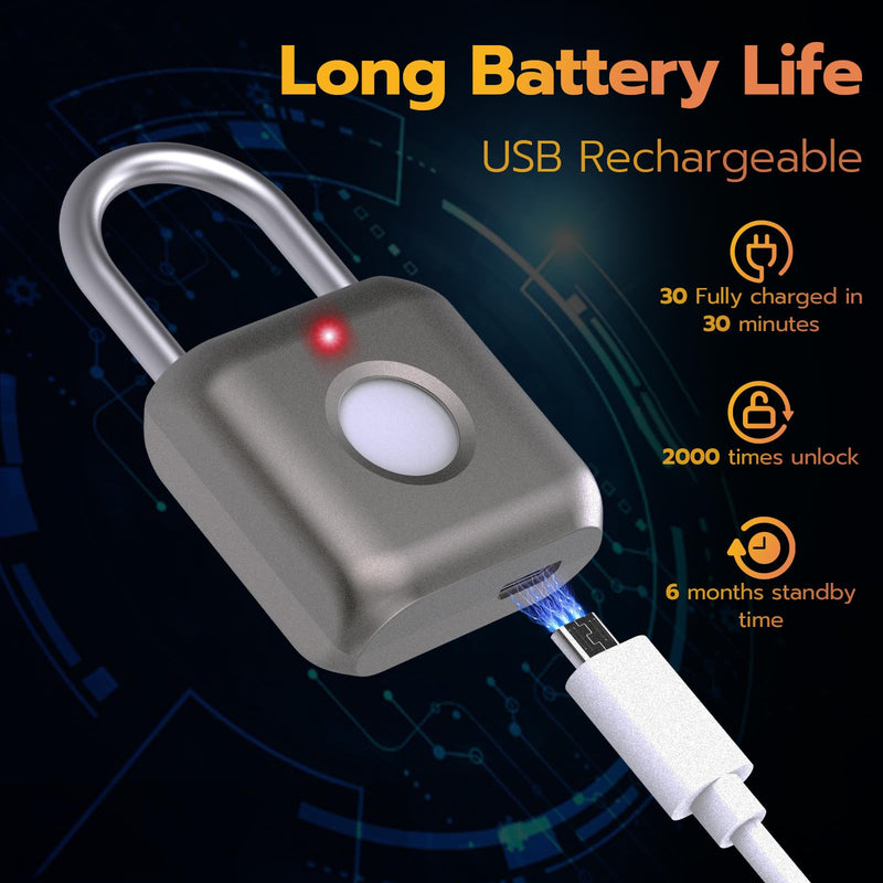 Pothunder Fingerprint Smart Padlock Lock, Biometric Metal Keyless Thumbprint Lock, Waterproof, USB Rechargeable, for Gym Locker, School Locker, Luggage, Backpack, Suitcase(Gray) Gold