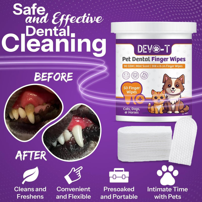 DEVO-T 100% Natural Dog Teeth Cleaning Wipes Mint Scented | 50 Count | Pet Teeth Cleaning Finger Wipes for Dogs, Cats & Horses | Remove Bad Breath, Plaque & Tartar Buildup | Dog Dental Wipes Finger