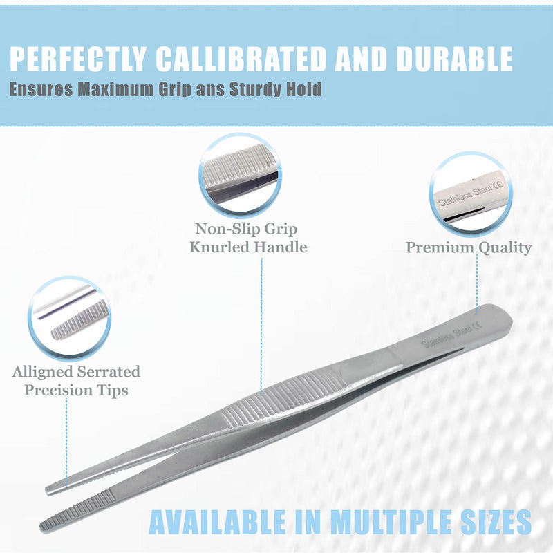 Precision Blunt Serrated Tips Stainless Steel Thumb Forceps Tweezers 5.5" (14 cm), Comfortable Ridged Handle