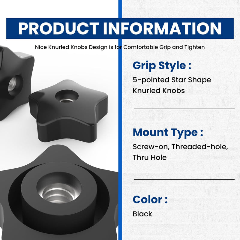 5/16-18 Thread Knob Nut, 6 Pack 5/16 Star Shape Hand Tighten Clamping Knobs Black Screw-On Nuts 5/16-18