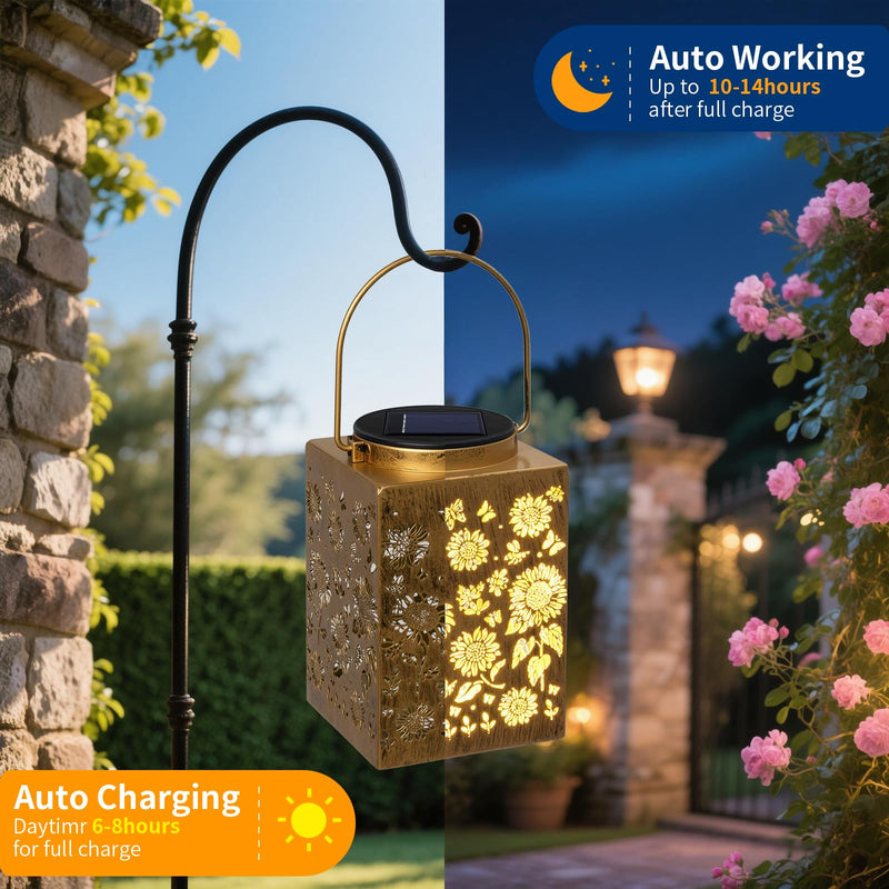 2 Pack Solar Lanterns - Waterproof Metal Hanging Solar Lights Outdoor Decorative, Solar Powered LED Lamp for Patio Tabletop Porch Deck Yard Garden Decor for Outside (Sunflower) Sunflower