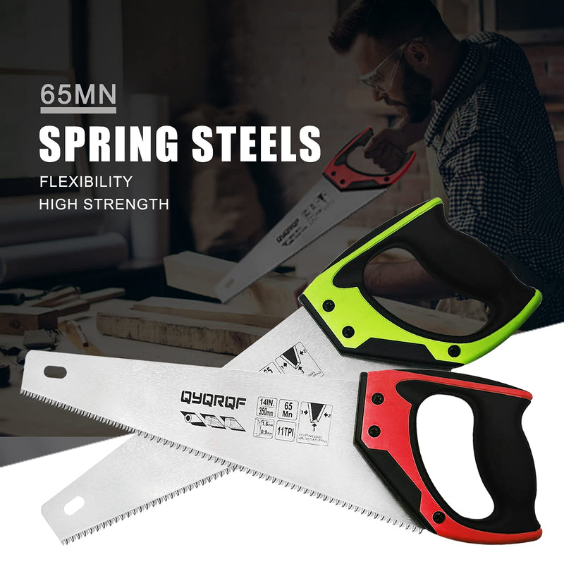14 in. Pro Hand Saw, 11 TPI Fine-Cut Soft-Grip Hardpoint Handsaw Perfect for Sawing, Trimming, Gardening, Cutting Wood, Drywall, Plastic Pipes, Sharp Blade, Ergonomic Non-Slip Handle (green) Green