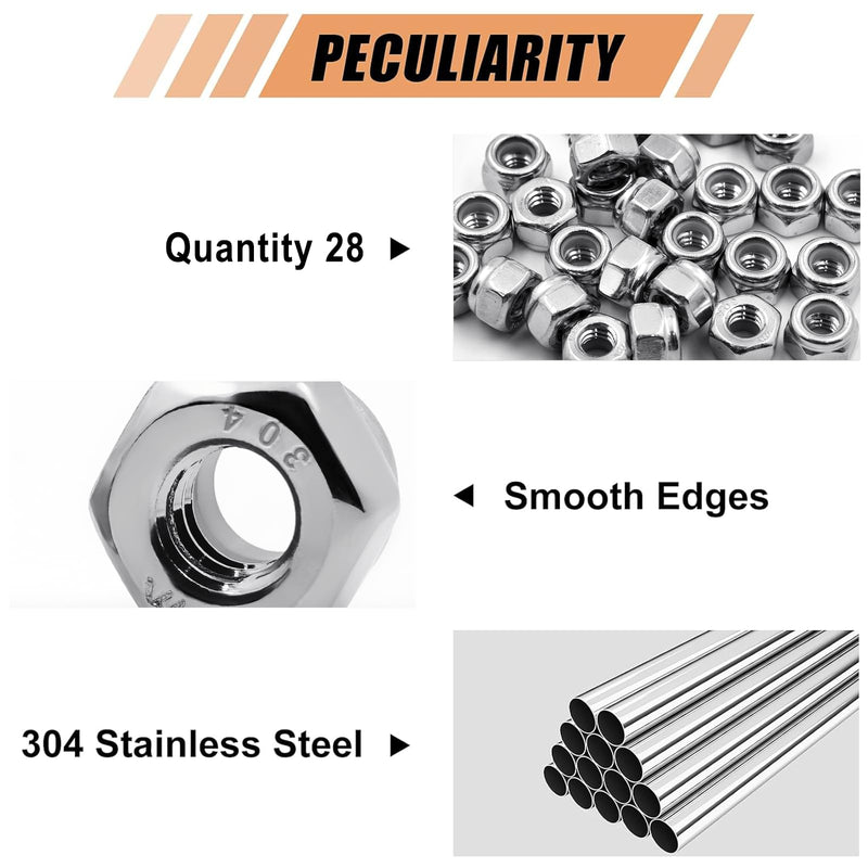 1/4"-20 Stainless Steel Lock Nuts, 28 Pack A2-70 Nylon Insert Hex Locknuts, Self-Locking 304 Stainless Steel Coarse Thread, Bright Finish