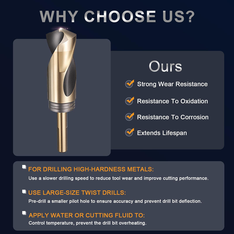 uxcell 3Pcs 5/8" Drill Bit 1/2" Reduced Shank M35 Cobalt 5% High-Speed Steel Twist Black and Gold Finish 135° Drill for High Hardness Materials 5/8 in