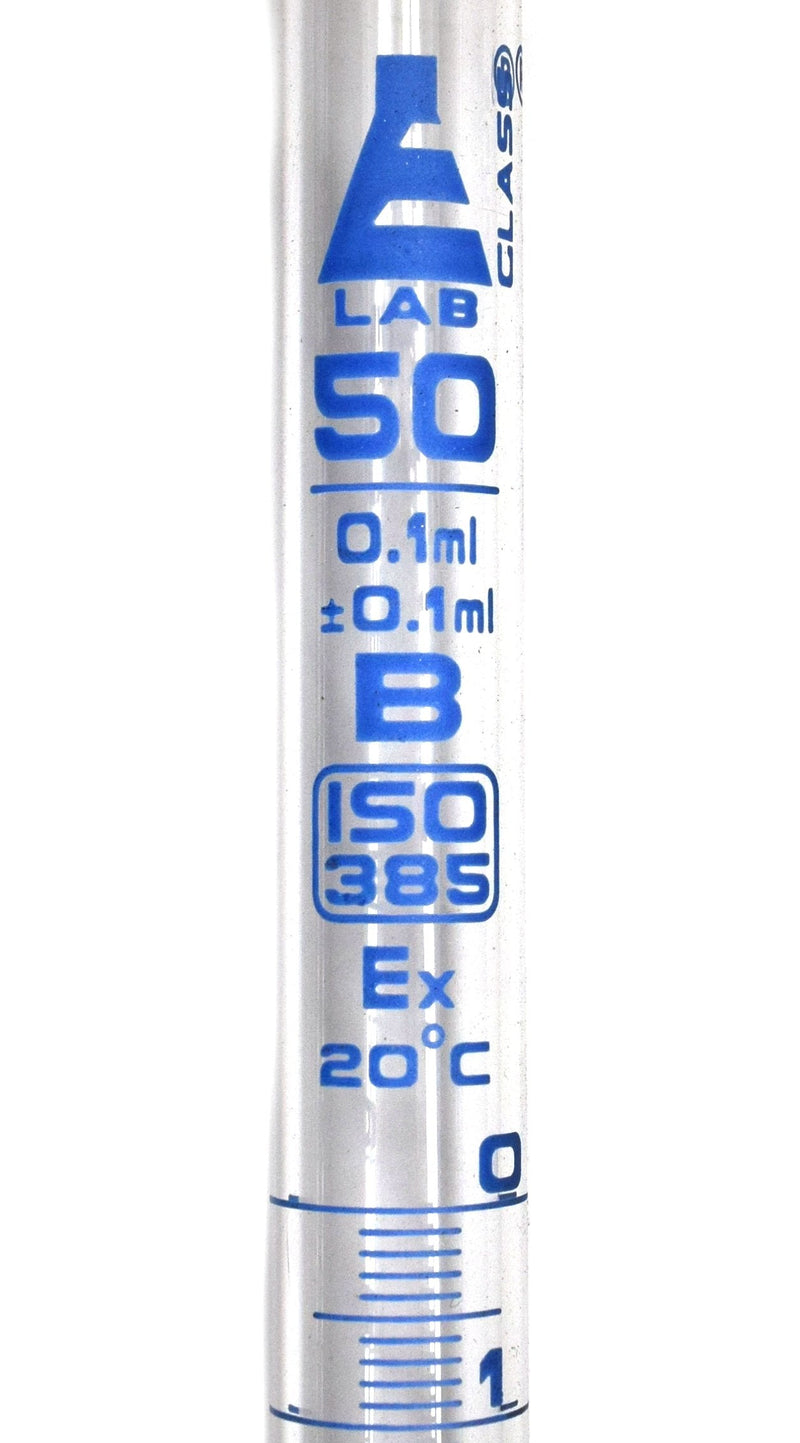 EISCO Burette, 50ml - Class B, DIN ISO 385, Borosilicate Glass with Glass Key Stopcock, 0.10ml Graduations
