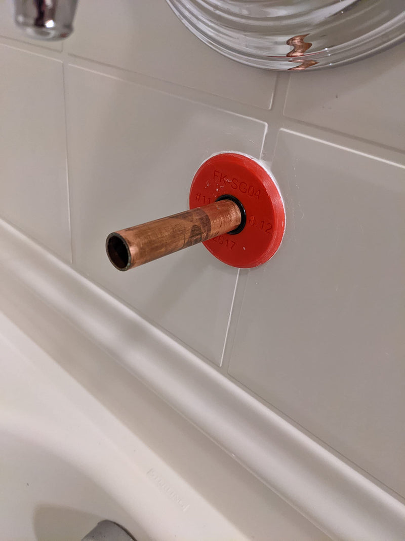The Original Red Disc Seal. Bathtub spout rear seal. Over 6000 installed. It slips over and seals 1/2" copper pipe. Avoid 2-piece designs. 2-piece design is not sealed between the two pieces.