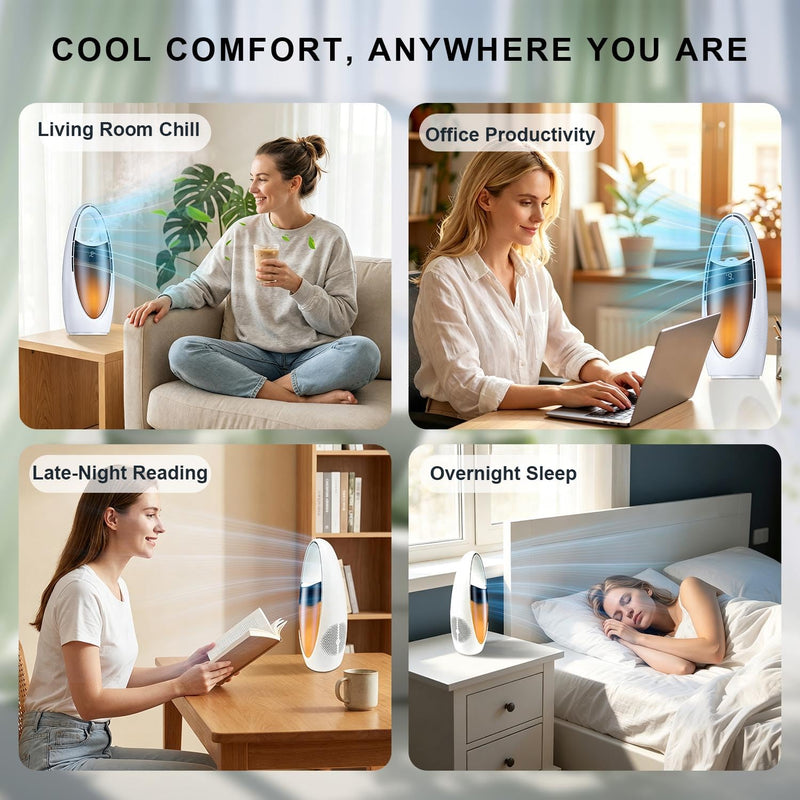 Bladeless Desk Fan, Misting Personal Cooling, Rechargeable, White