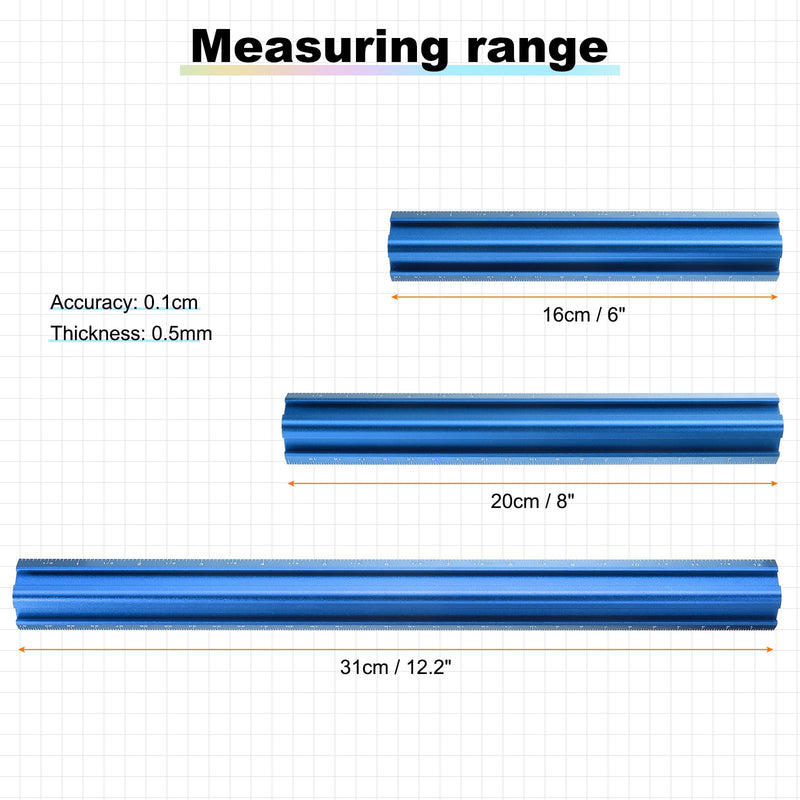 HARFINGTON 3pcs Woodworking Edge Ruler Set 16/20/30cm Aluminum Alloy 90 Degrees V Shaped Straight Edge Ruler Corner Ruler Measuring Ruler for Woodworking, Blue