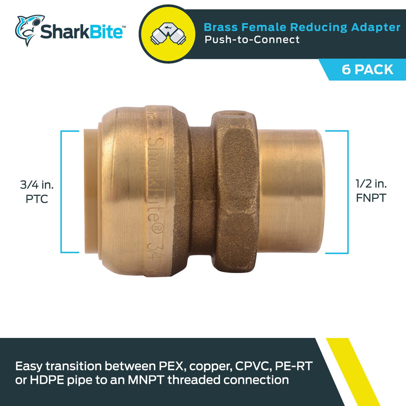 SharkBite 3/4 Inch x 1/2 Inch FNPT Adapter, Pack Of 6, Push To Connect Brass Plumbing Fitting, PEX Pipe, Copper, CPVC, PE-RT, HDPE, U092LF SharkBite 3/4 in. x 1/2 in., 6 Pack