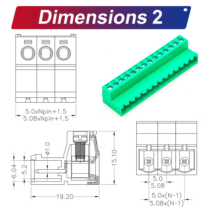 Tcenofoxy 5.08mm Male & Female 2/3/4/5/6/7/8/9/10/11/12/13/14/15/16/18/20/24 Pin Phoenix Connector No Soldering Green PCB Screw Terminal Block Connector (1Set 5.08MF-14Pin) 5.08MM-14P-1Set