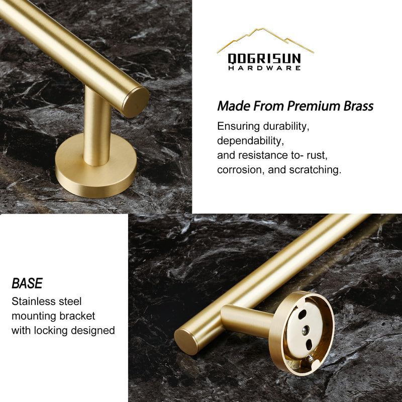 QOGRISUN Brass Towel Bar for Bathroom,Gold Towel Holder Heavy Duty, Modern Brass Bathroom Accessories Wall Mounted,24-Inches Total Length, Brushed Brass Towel Holder-4Set Brushed Gold