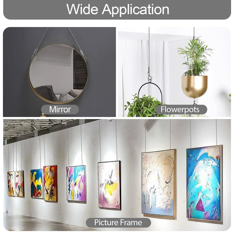 2Pcs Adjustable Picture Hanging Wire, Upgrade Mirror Frame Hanging Kit, 6.6FT Heavy Duty Stainless Steel Wire Rope, Supports Up to 100lbs