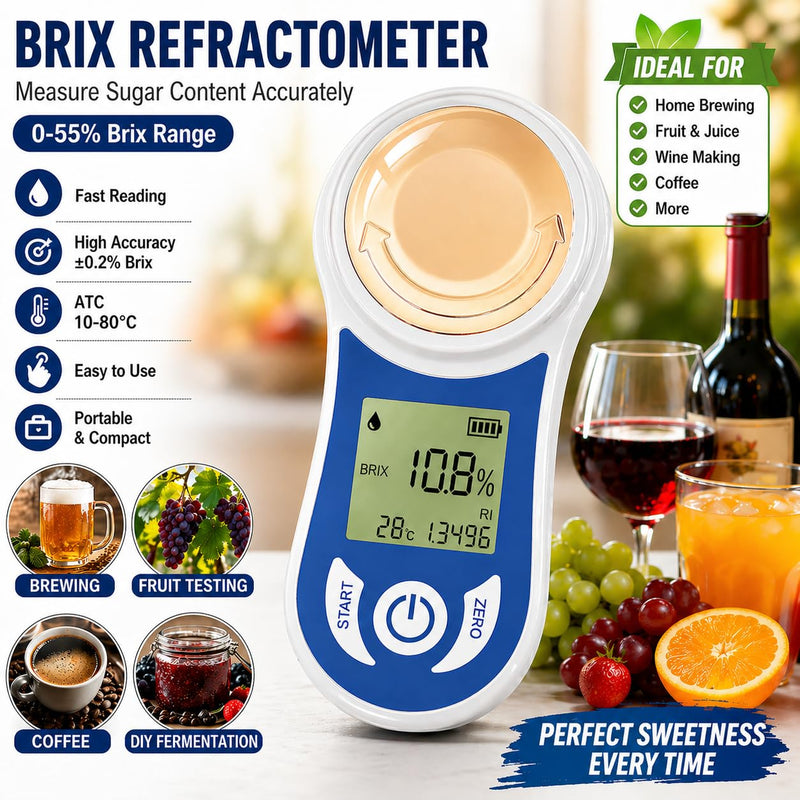 Digital Brix Refractometer 0-55% with ATC, ±0.15% Accuracy, 3-Second Results, Rechargeable Sugar Content Tester for Fruits, Juice, Home Brewing, Wine, Coffee