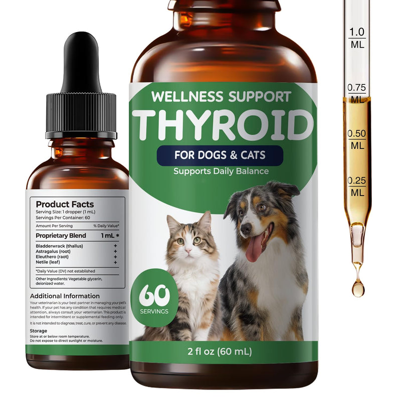 Thyroid Support for Dogs & Cats, Herbal Appetite Stimulant & Metabolism Support Drops with Bladderwrack, Astragalus & Nettle Leaf, Helps Maintain Healthy Weight, Energy & Daily Vitality, 2 fl oz
