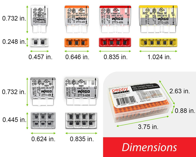 Wago 2773 Wall Nuts 45pc Push-in Wire Connector Assortment Kit with Case | Splicing for Solid and Stranded Electrical Conductors | 2773-402, 2773-403, 2773-404, 2773-405, 2773-406, 2773-408 45pc Kit