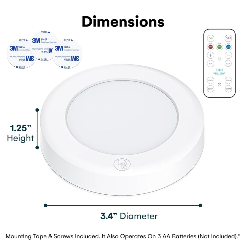 Brilliant Evolution Wireless LED Puck Lights with Remote Control - Battery Operated Lights and Warm Light Under Cabinet, Closet, or Kitchen - Stick On Lights, Under Counter Lighting - Pack of 3, White