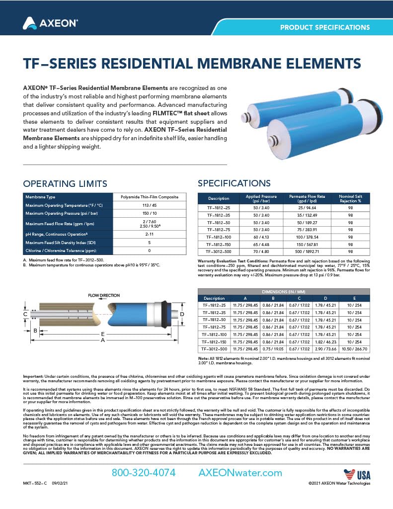 AXEON TF-1812-50 Reverse Osmosis TFC Membrane, 50 GPD