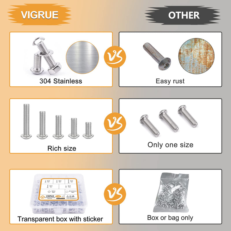 M8-1.25 x 16/20/25/30/40mm Button Head Socket Cap Screws VIGRUE 135PCS M8 Allen Hex Drive Screws Nuts Washers Assortment Kit 18-8 Stainless Steel 304, Bright Finish, Fully Threaded M8-1.25