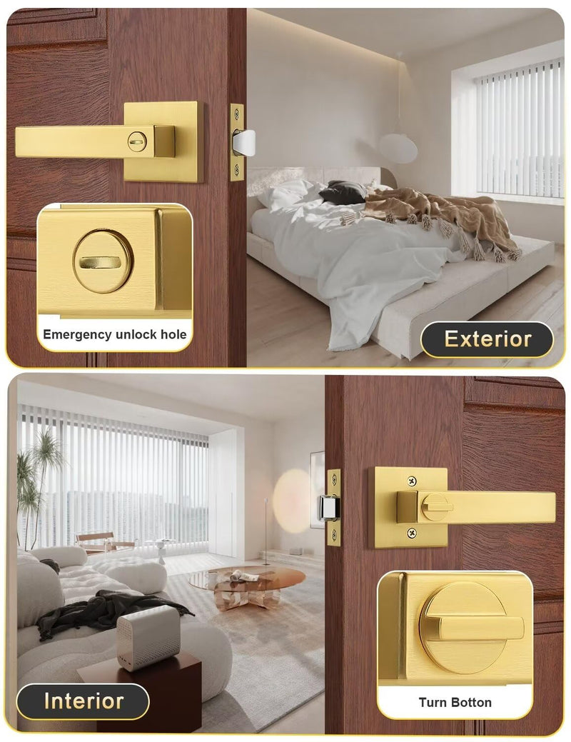 1 Pack Heavy Duty Gold Square Privacy Interior Door Levers, Satin Brass Finish, Bedroom and Bathroom Door Handles Keyless Bed/Bath Lockset 1 Pack Gold-Privacy