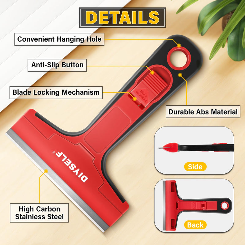 DIYSELF 1 Pack Razor Blade Scraper, Razor Scraper for Cleaning Stove Top, Cooktop, Oven, Glass Scraper, Paint Scraper, Scraper Tool Kitchen, Window Scraper with 10 Extra 4-Inch Razor Blade Red