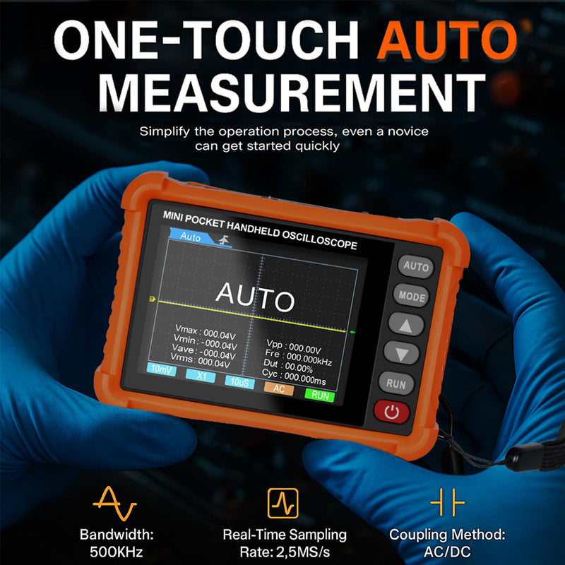 Digital Handheld Oscilloscope with Probe Kit, Portable Lab Automotive Oscilloscopes with 2.8 Inch TFT Screen, 500kHz Bandwidth, 2.5MS/s Sampling Rate, 3 Trigger Function, USB Rechargeable Oscillograph