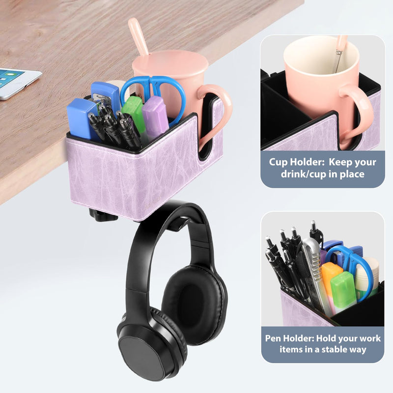 Desk Cup Holder Clip on Pen Holder Headphone Hanger Headset Stand Rotatable Clamp Hook Under Desk (Violet) Violet
