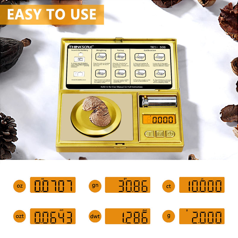 THINKSCALE 50g/0.001g Digital Milligram Scale, Gold Mg Scale with 50g Calibration Weight, Powder Scale for Reloading, Micro Gram Scale, Miligram Scale for Powder Medicine