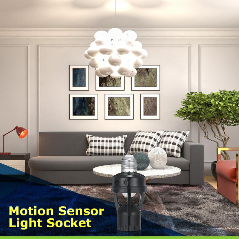 Hortsun 3 Pcs Motion Sensor Light Socket Smart Screw in Light Bulb Outlet Compatible with E26/e27 Automatic on Off Night Light Control for Basement Basement Porch Storage Room, Black