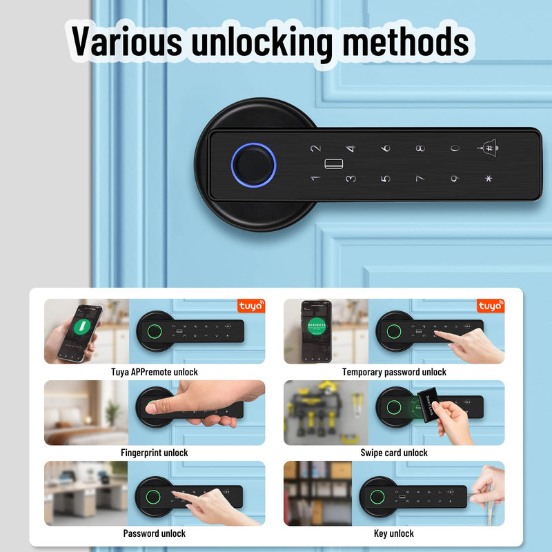 Smart Door Lock 5-in-1 Door Handle Electronic Keypad Supports Password APP IC Card Fingerprint Key Biometric Digital Smart Door Lock Suitable for Home Office and Apartment