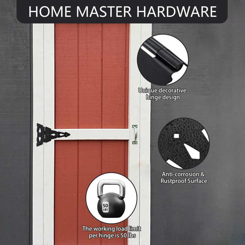 HOME MASTER HARDWARE 8 Inch Heavy Duty Decorative T Hinge Shed Storage Gate Barns Tee Hinges with Screws Black Finish 4 Pack