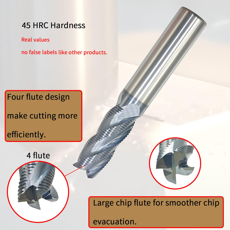 1/2" Carbide Roughing End Mill, 3" Overall Length, 4 Flute, Solid Carbide Roughing End Mill, 1/2" Cutting Diameter, 1-1/4" Length of Cut, Helix Angle: 35°,AlTiN Coated
