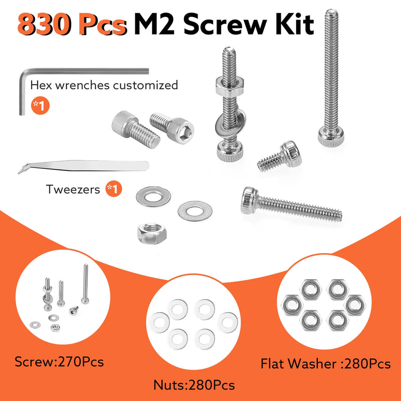 830 Pcs M2 Screws Assortment Kit M2 Nuts and Bolts M2*4mm/6mm/8mm/10mm/12mm/16mm/20mm Metric Machine Screw Kit, 304 Stainless Steel Hex Socket Head Screws Nuts Bolts and Washers Set A M2x4mm-20mm 830Pcs