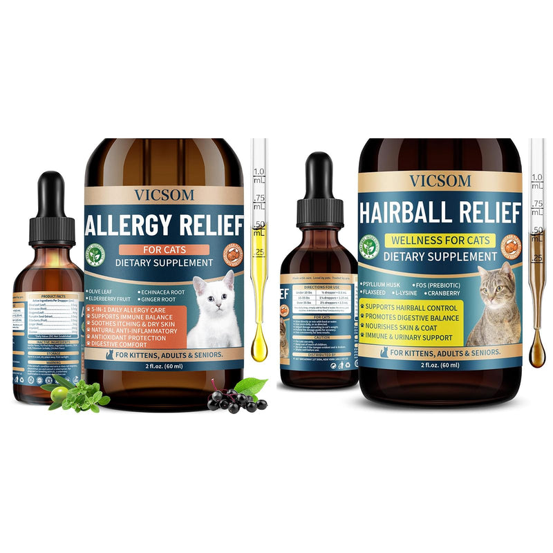 VICSOM Cat Allergy & Hairball Relief Bundle – Itchy Skin, Seasonal Allergy Support, Hairball Control, Skin & Coat Care, Immune Support, 60ml Drops for Cats