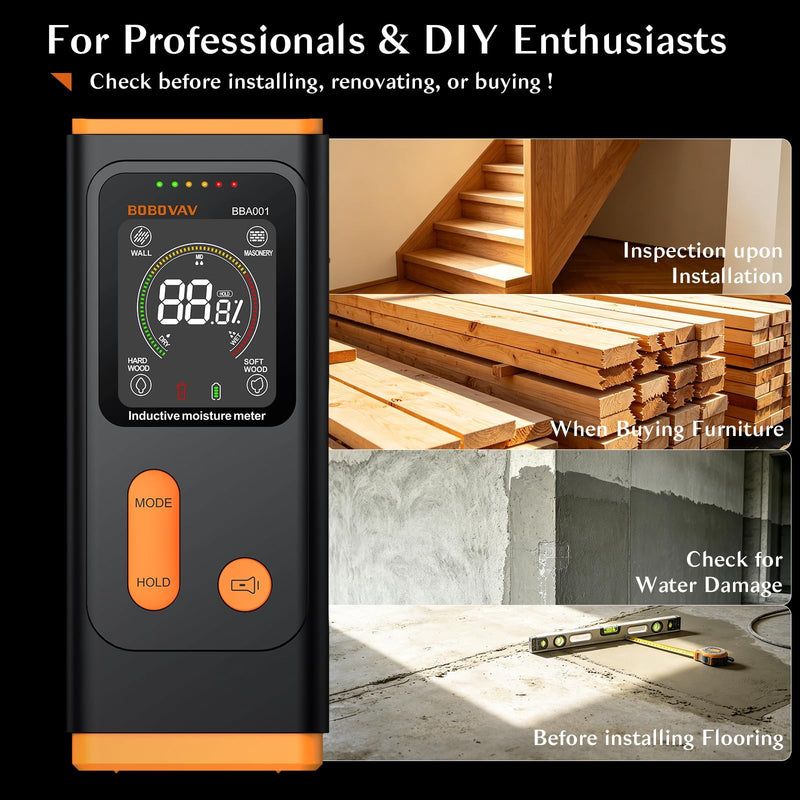 Pinless Moisture Meter with 4 Material Modes & 3- Color Alert, Non‑Destructive Moisture Detector with VA Color Display & Flashlight for Wall, Masonry, Softwood, Hardwood