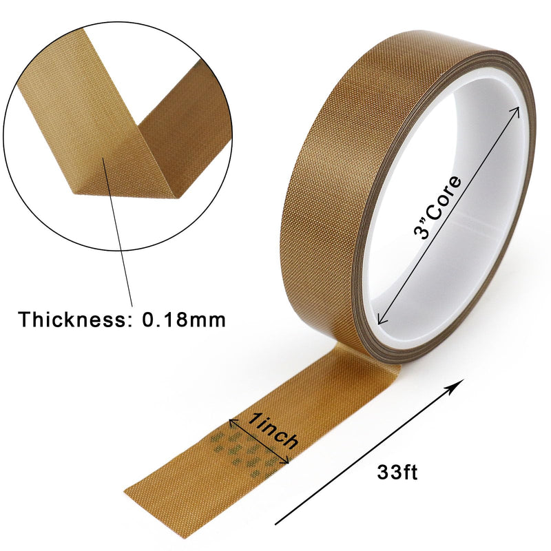 BOMEI PACK Teflone PTFE Glass Cloth Tape, (1-inch x 33 Feet x 0.18mm) High Temperature PTFE Tape for Vacuum Sealer Machine, Hand Impulse Sealers Insulation PTFE Coated Fiberglass Adhesive Tape 1-inch x 33 Feet