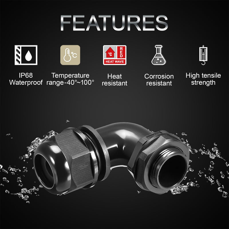 LeMotech M12 Cable Gland, 90 Degree Adjustable 4-8mm Strain Relief, Cord Connectors Nylon Joints with Gaskets, 2 Pcs, Black M12-2pc