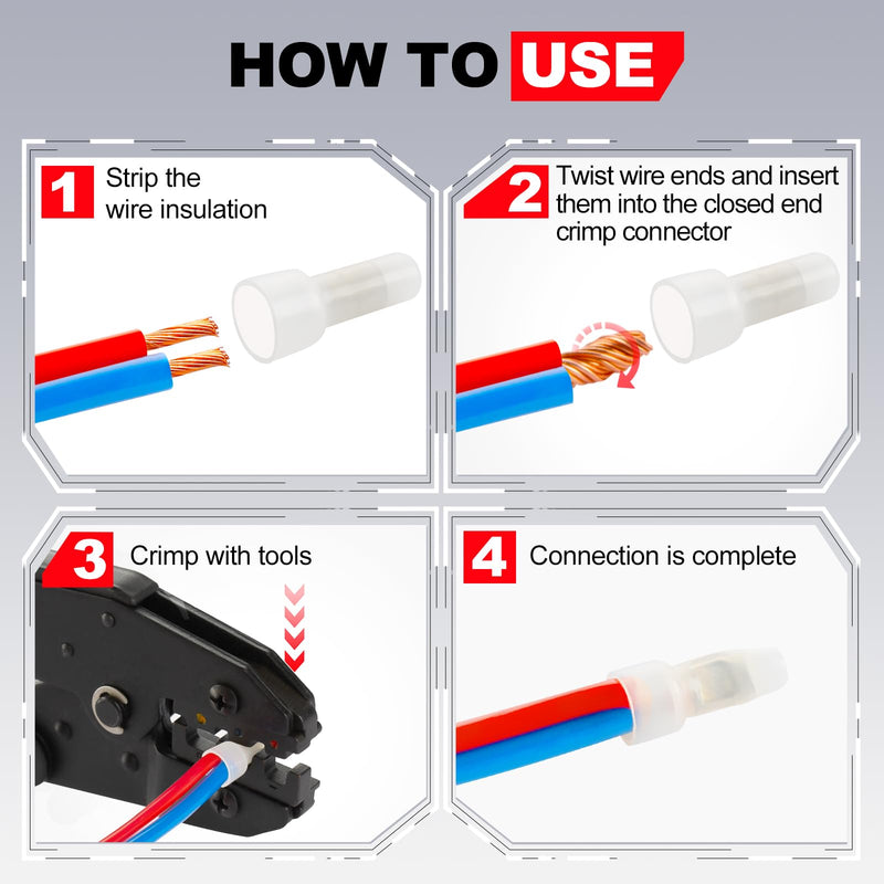 AIRIC Closed End Crimp Connectors 22-16 AWG 100 Pcs Wire Splice Caps Electrical Connector Terminals Copper Core and Nylon Wiring Cap Crimps Terminal for 22,20,18,16 Gauge Wires,(CE1) 22-16 AWG(CE1)