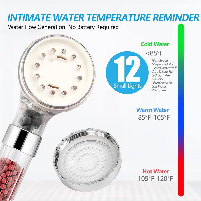 LED Shower Head with Handheld, High Pressure Shower Head with Hose, Holder & PTFE Tape etc, 3 Water Temperature-Controlled Water Saving Filtered Shower Head for Dry Hair& Skin A-LED shower head