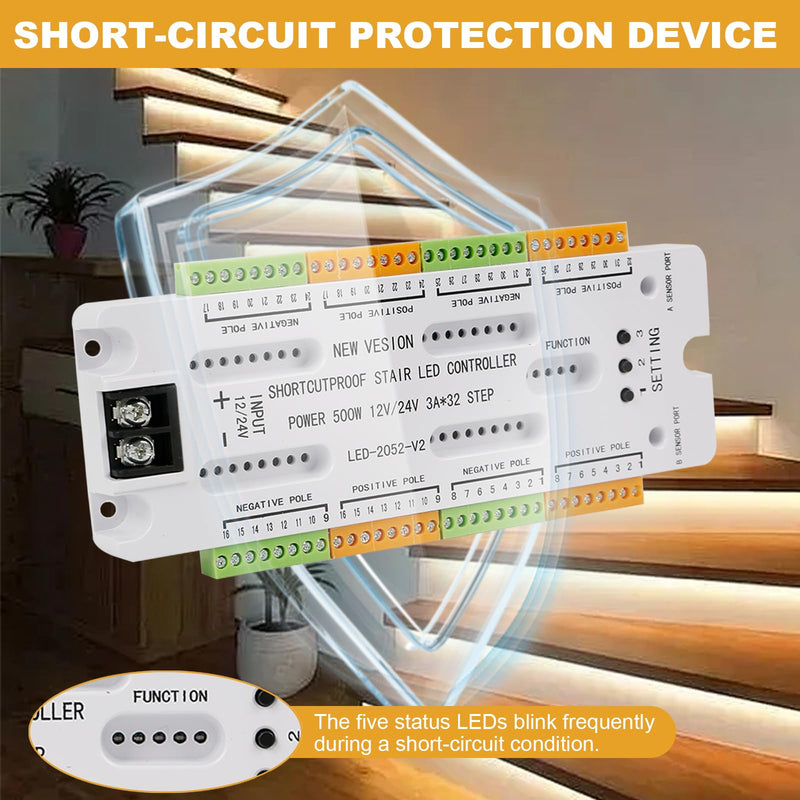 32 Channel Motion Sensor LED Stair Controller Automatic Staircase Lighting Controller Short Circuit Proof Stairway Step Light Controller Adjustable Brightness for Indoor Under Stair Lighting