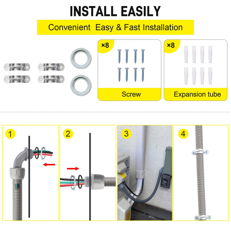 Power Whip Assembly Kit -1/2" x 4ft Non-Metallic Liquid Tight with 10 Gauge Wire Electrical AC Whip Kit Flexible Electrical Conduit & straight/90°Fittings